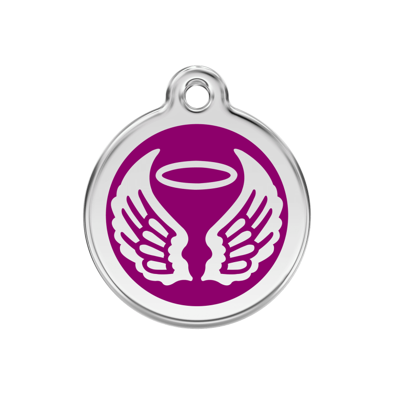 Vue avant - Médaille personnalisée pour chien Red Dingo Émail et acier inoxydable - Ailes d'anges - Violet - Talla M
