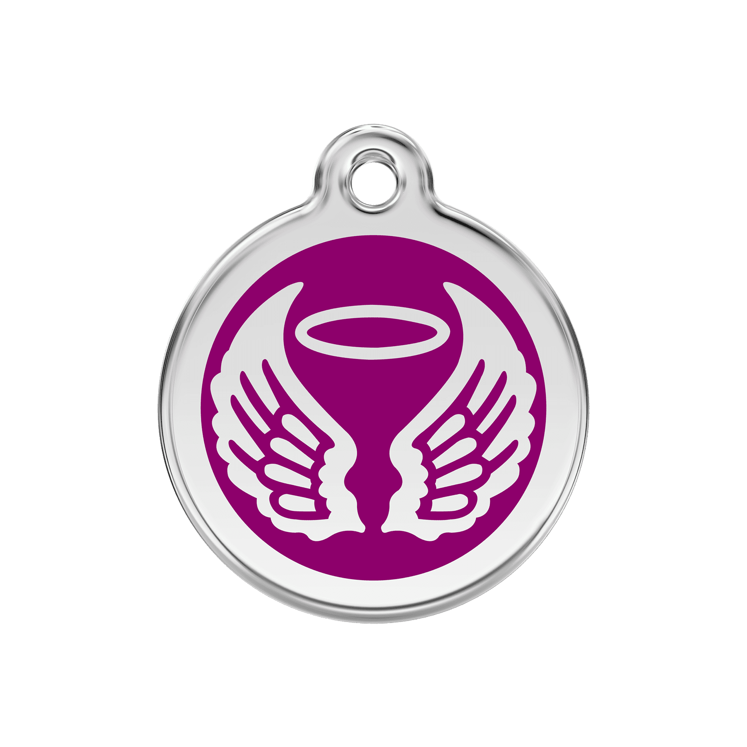 Vue avant - Médaille personnalisée pour chien Red Dingo Émail et acier inoxydable - Ailes d'anges - Violet - Talla M