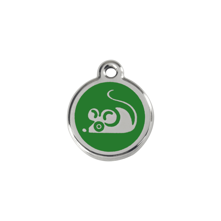 Vue avant - Médaille personnalisée pour chat en émail et acier inoxydable - Red Dingo - Motif souris vert - Talla S