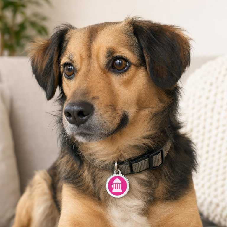 Médaille chien Bouche d'incendie Rose vif Talla M portée par un animal, avec une échelle réaliste.