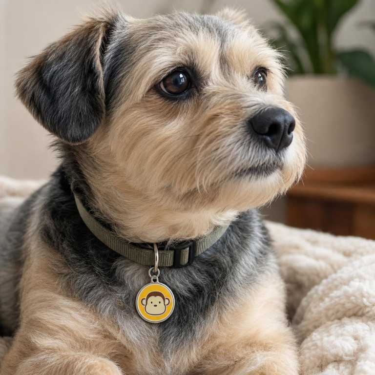 Médaille chien tiquette de singe Jaune Talla M portée par un animal, avec une échelle réaliste.
