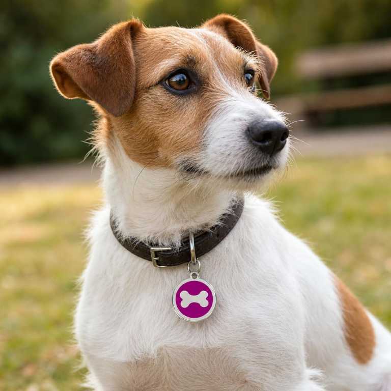 Petit chien naturel portant une médaille Os violet taille M en émail et acier inoxydable sur un collier adapté, dans un environnement extérieur flou.